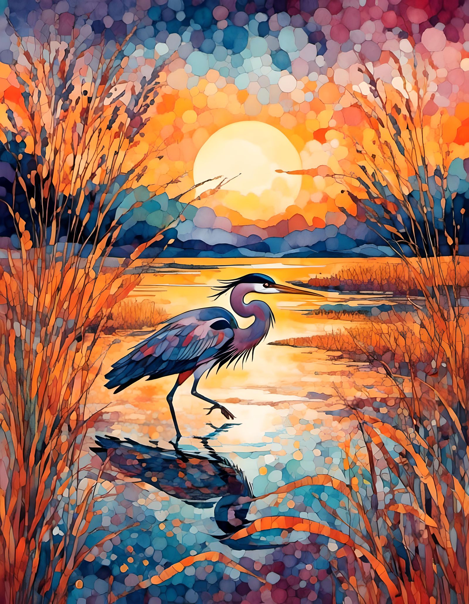 Heron Catching Eel at Sunset in Zentangle Style