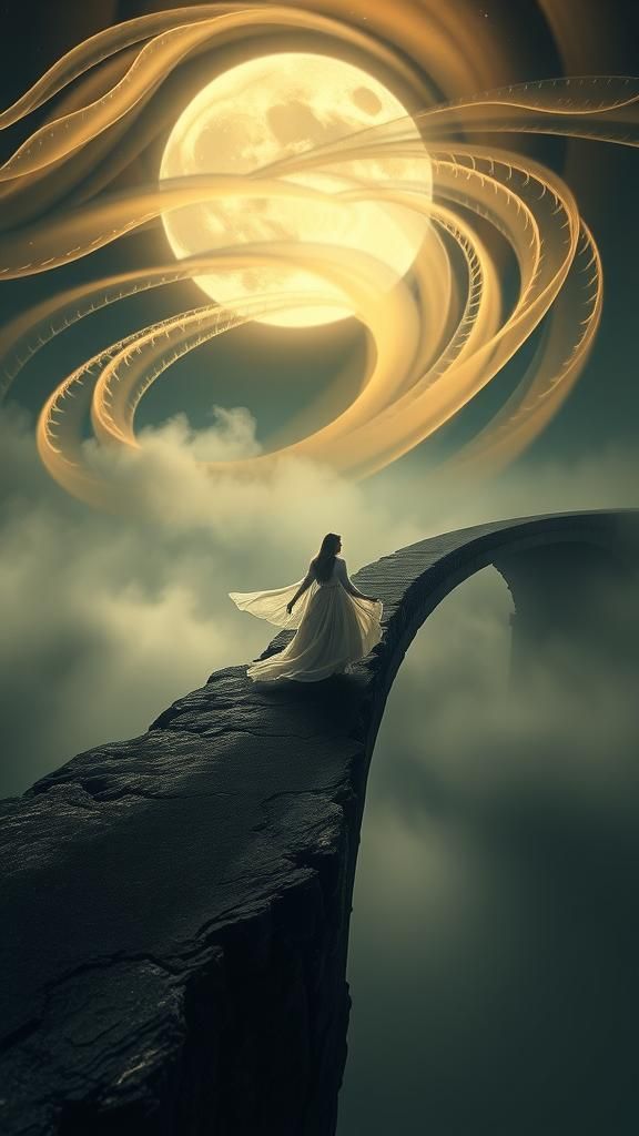 Mystical Woman on the Infinite Bridge of Sighs in Eerie Moon...