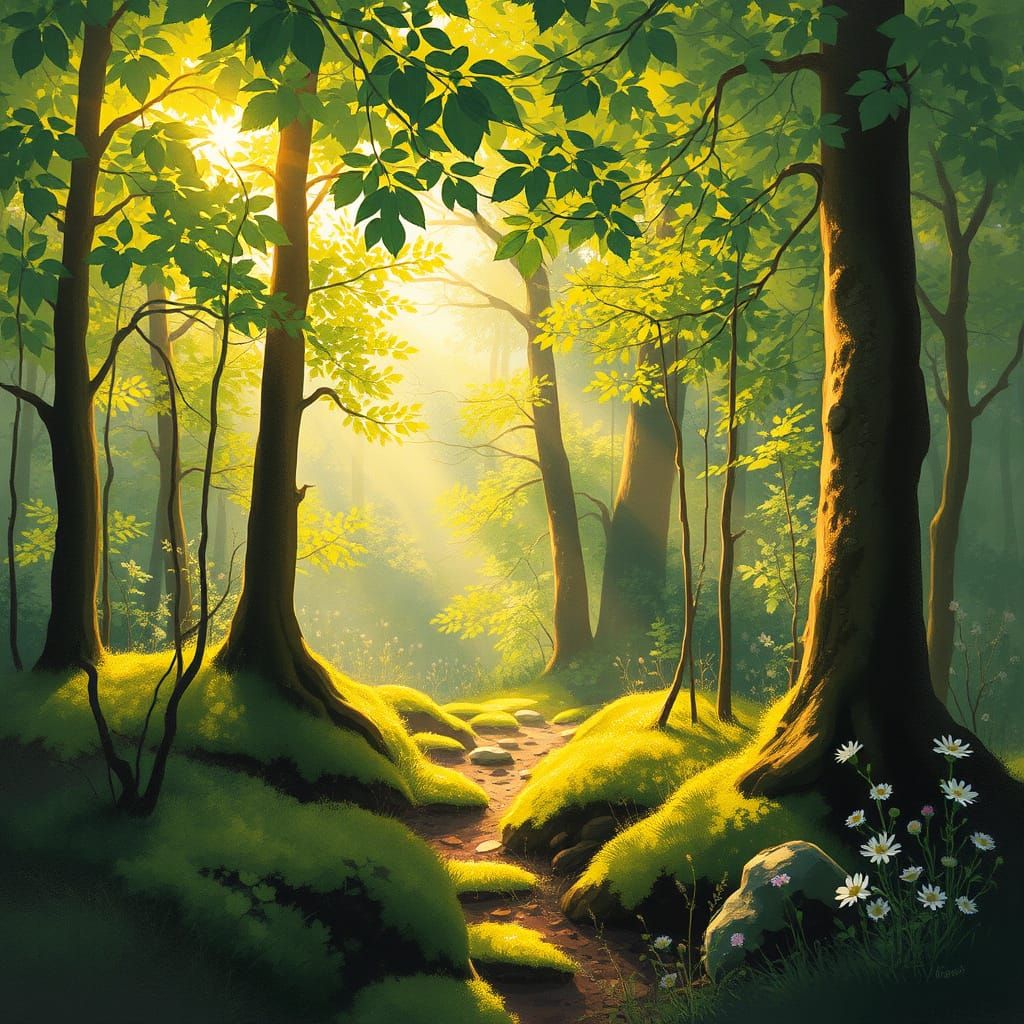Serene Forest Landscape in Whimsical Style
