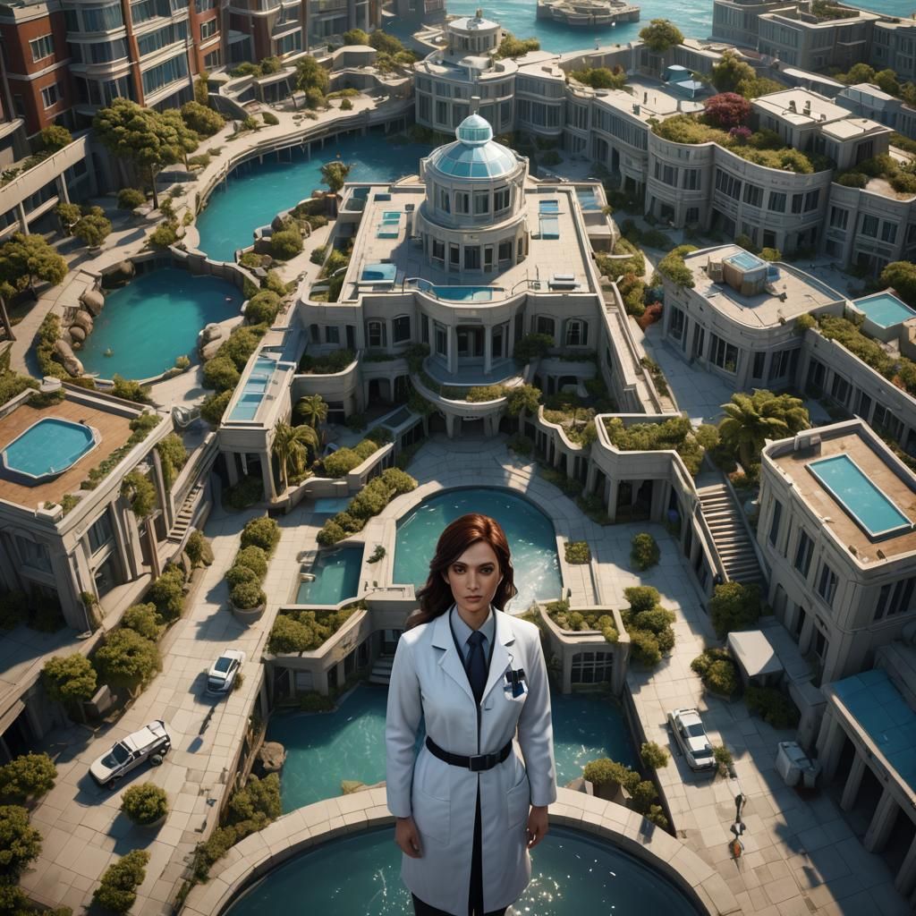 Luxury Seafront Hospital Manager in Detailed Matte Painting
