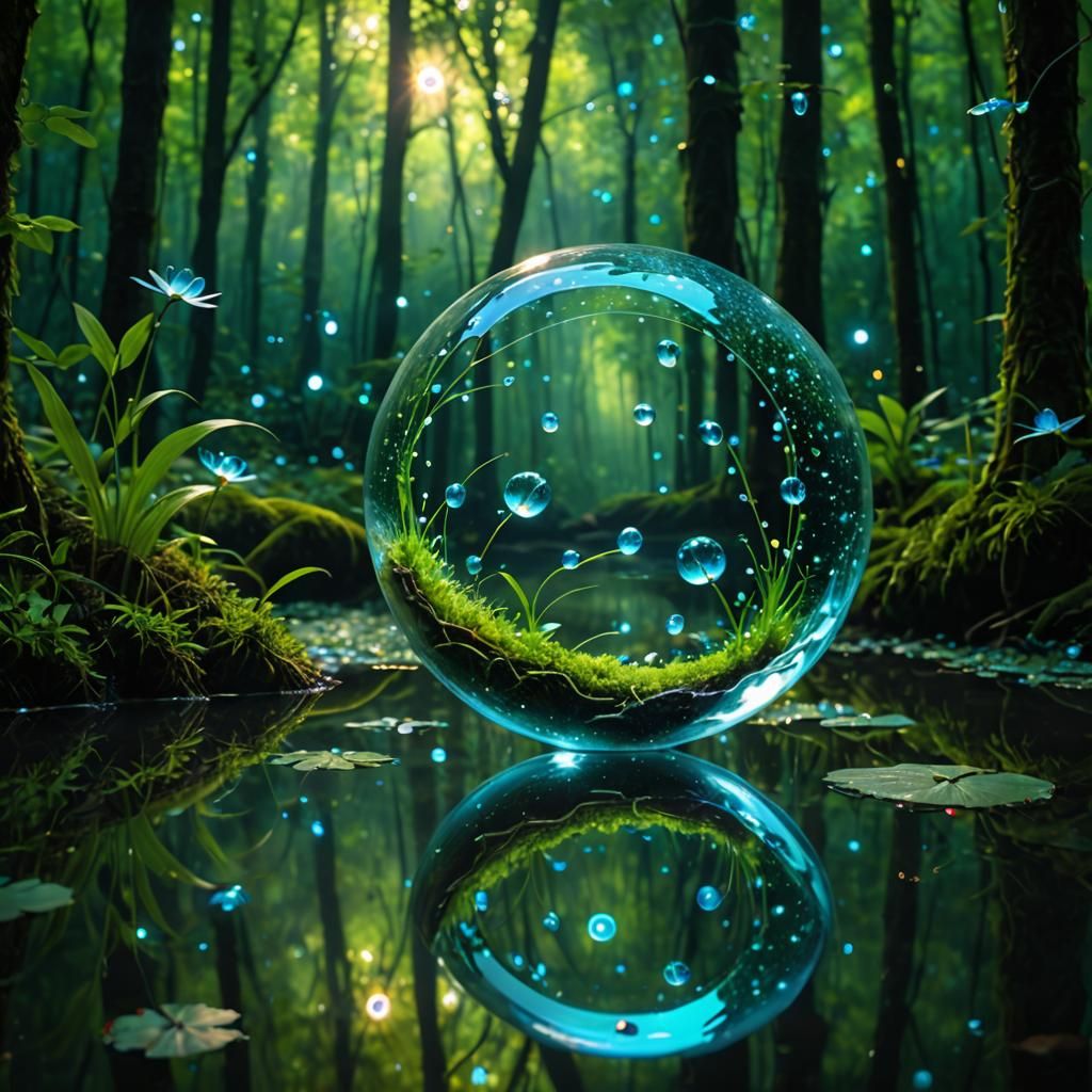 Surreal Glass Sphere in Forest with Fairies