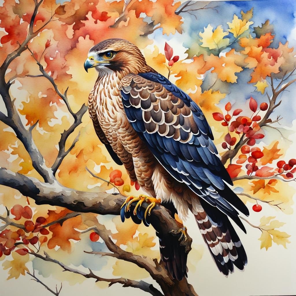 Colorful Watercolor Hawk on Leafless Branch