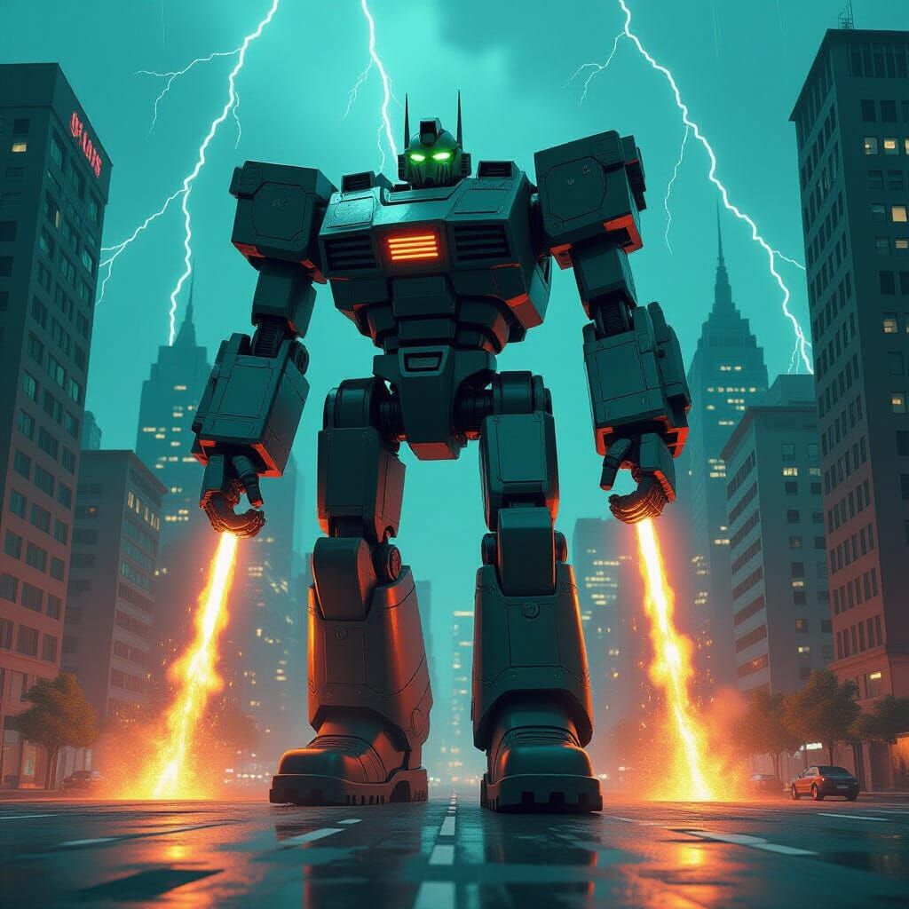 Colossal Robot Strolling Through Futuristic City