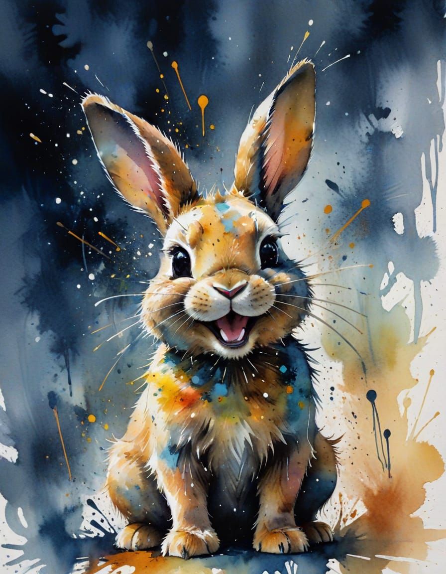 Laughing Bunny Ink Splatter Watercolor Art
