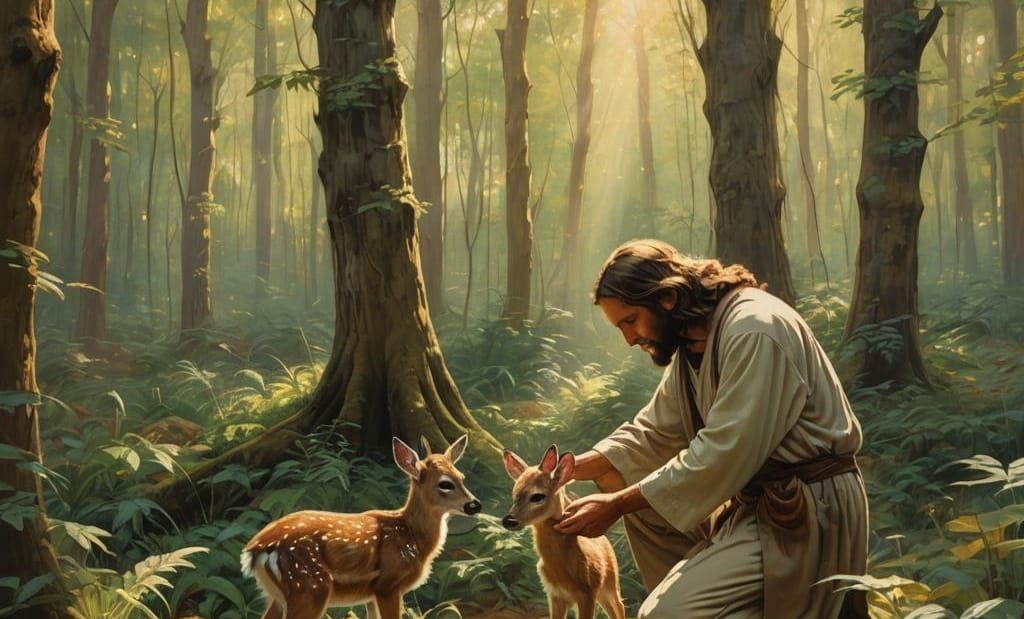 Forest Scene with Figure and Deer in Sunlight