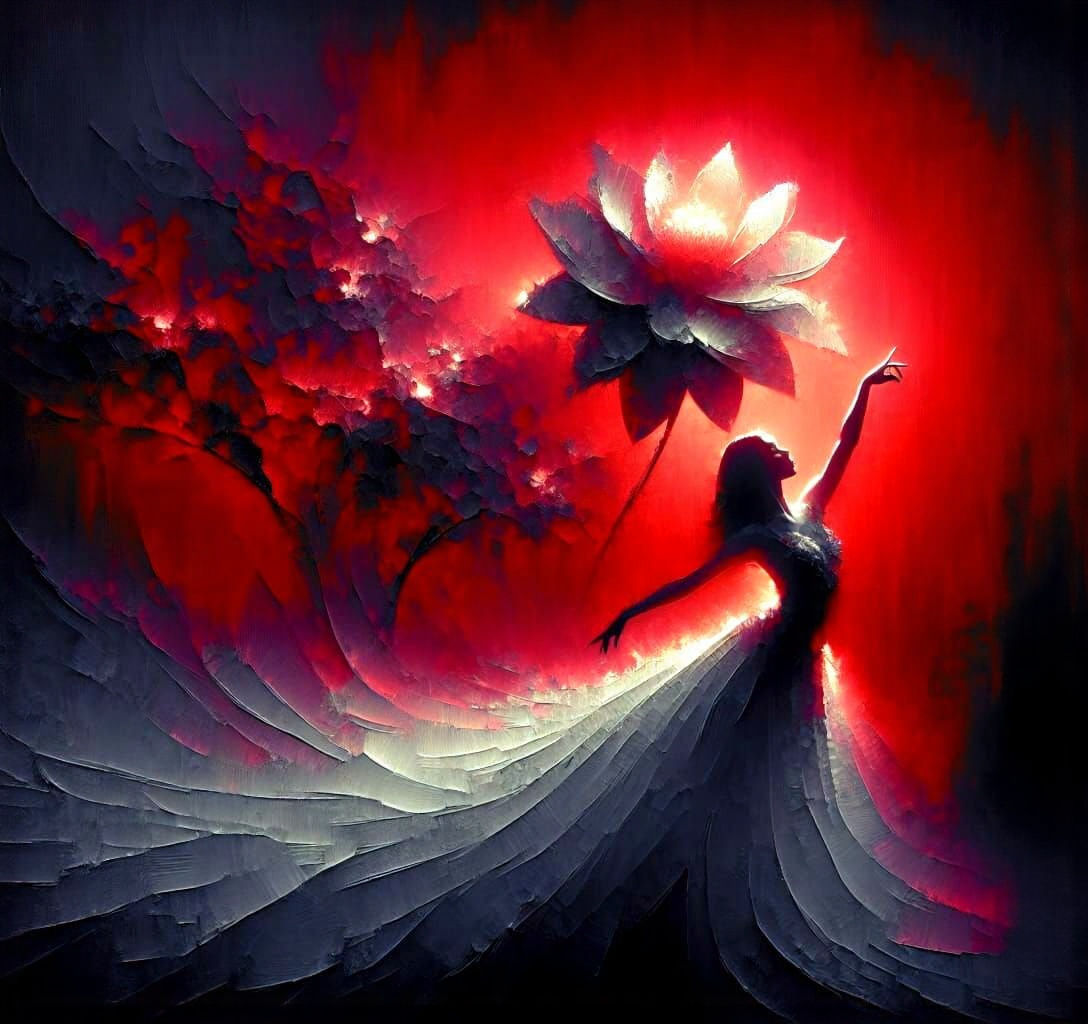 Crimson Dancer with Tropical Flower in Impressionistic Style