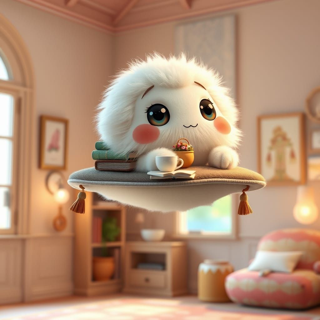 Whimsical Flying Carpet in Cozy Studio Ghibli-Inspired Setti...