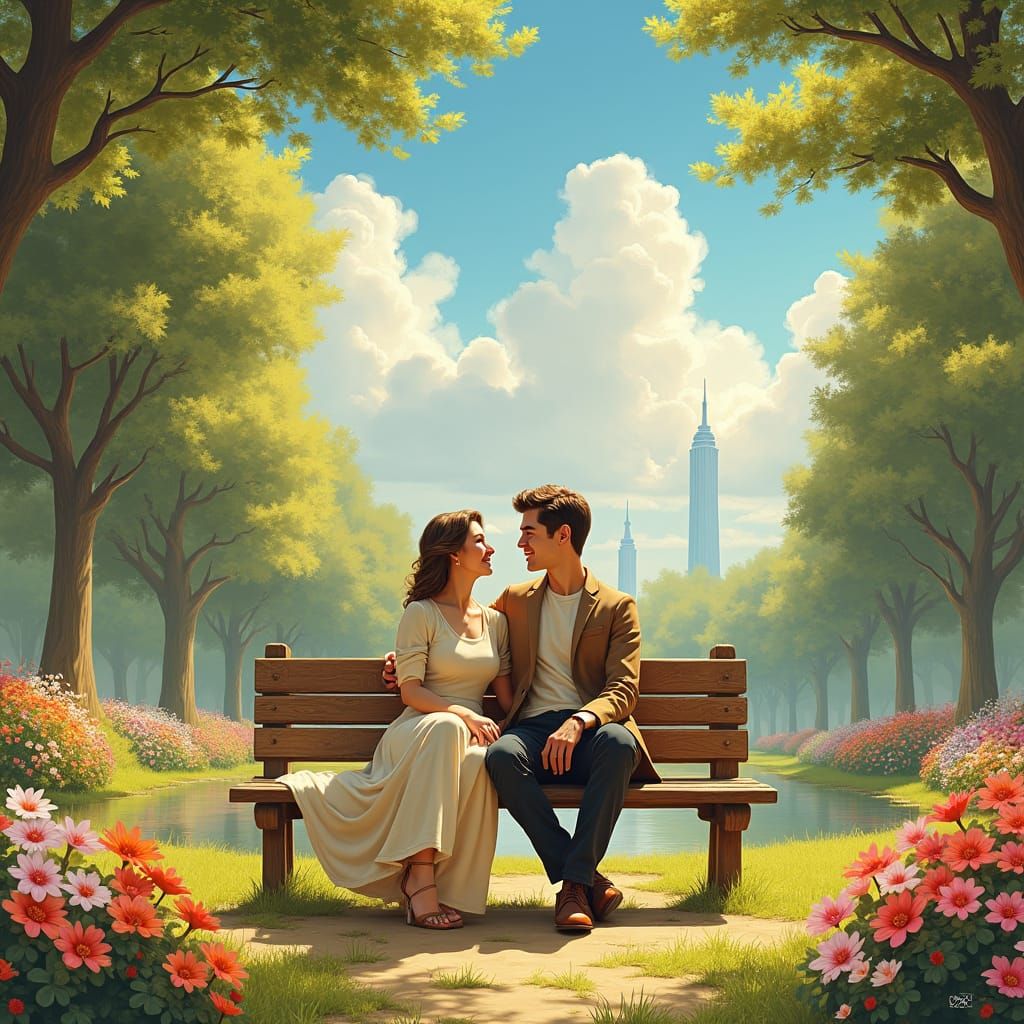 Couple in Park as Watercolor Landscape Painting