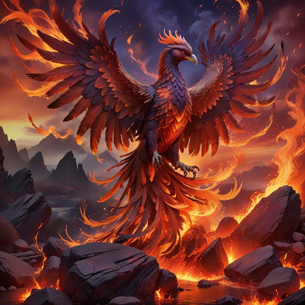 A majestic phoenix rising from ashes in a twilight landscape, surrounded by swirling flames in vivid fire red tones. The...
