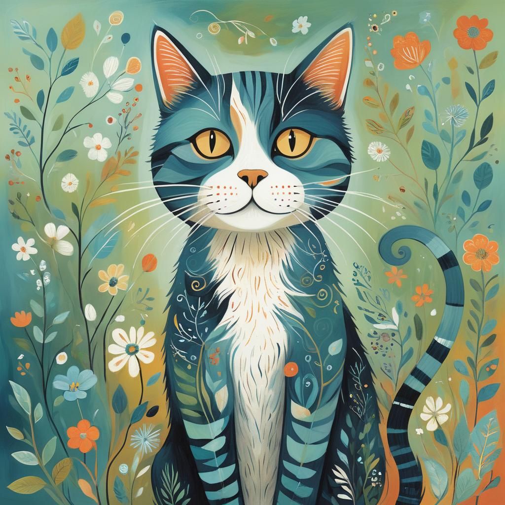 Whimsical Cat in Folk Art Style