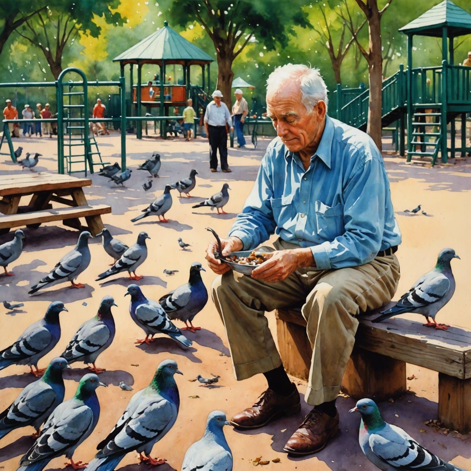 Elderly Man Feeding Pigeons: Watercolor Painting
