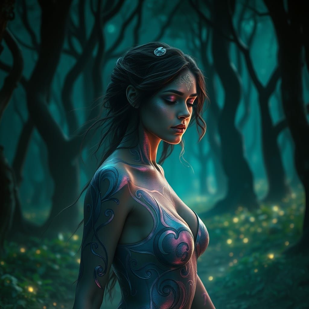 Ethereal Woman Nymph in Dreamlike Forest Scene