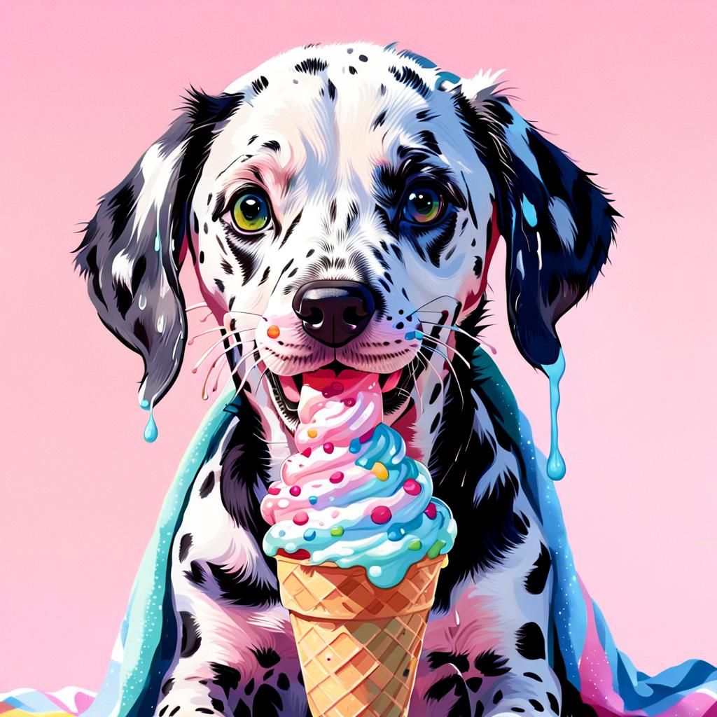Dalmatian Puppy Enjoying Ice Cream, Digital Painting