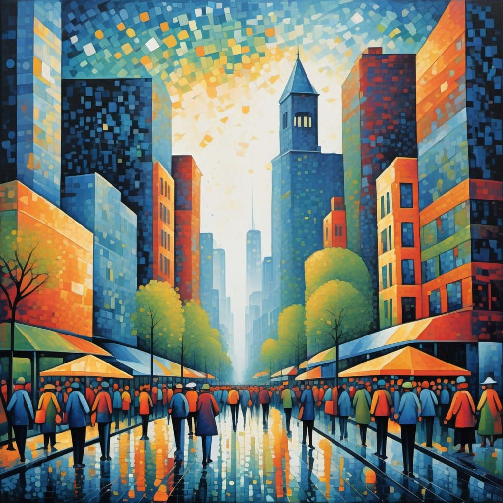 Vibrant City Street Scene in Pointillist Style