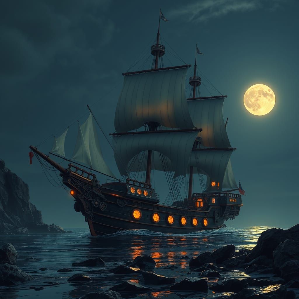 Futuristic Pirate Ship on Moonlit Shore in Hyperrealism