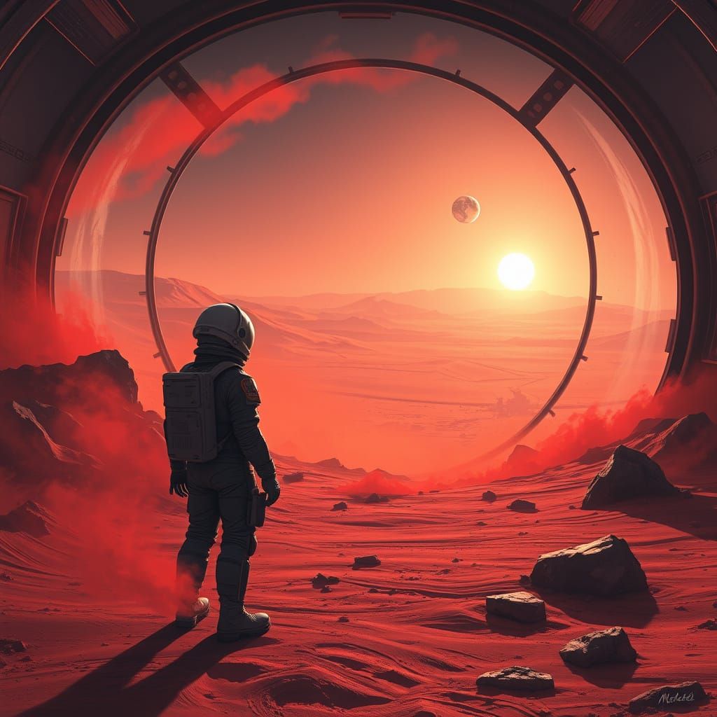 Scientist Contemplates Home on Barren Mars Landscape