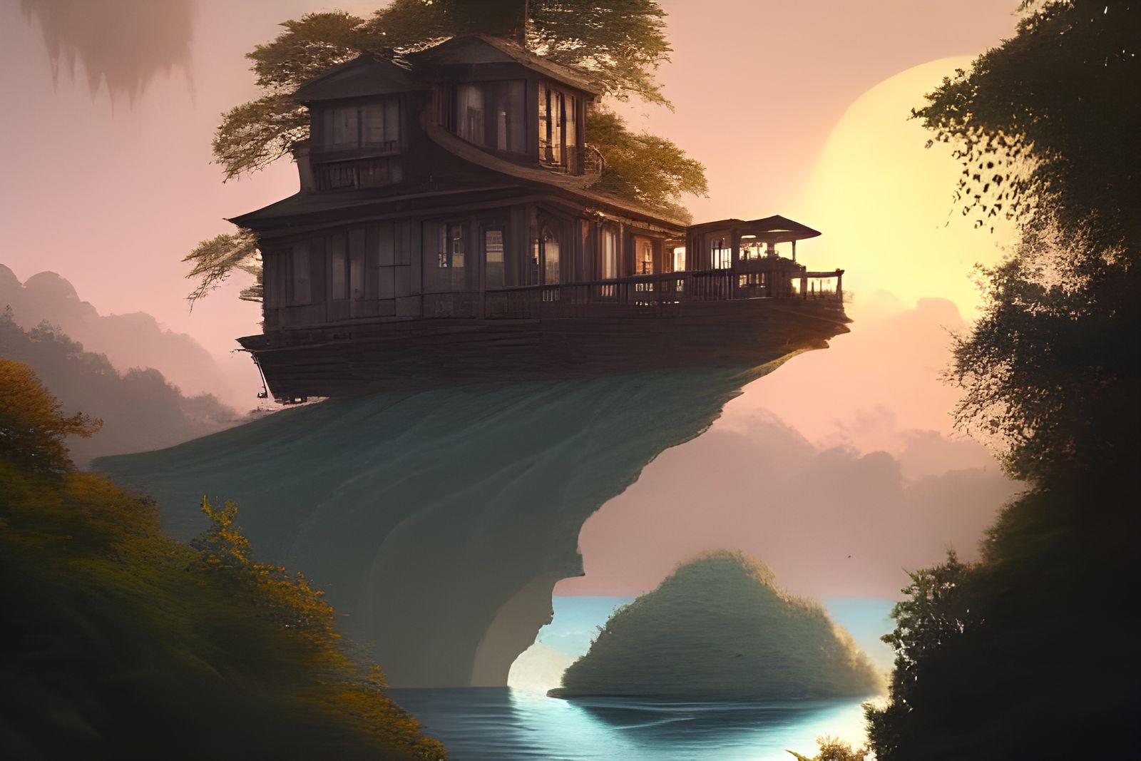 Steampunk Flying Island at Sunset: Trending Art