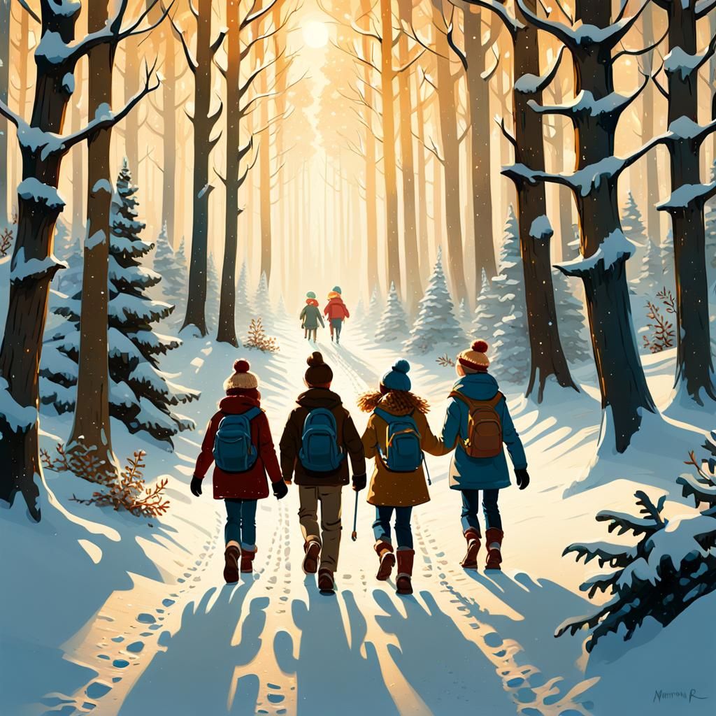 Children's Snowy Christmas Adventure: Whimsical Illustration