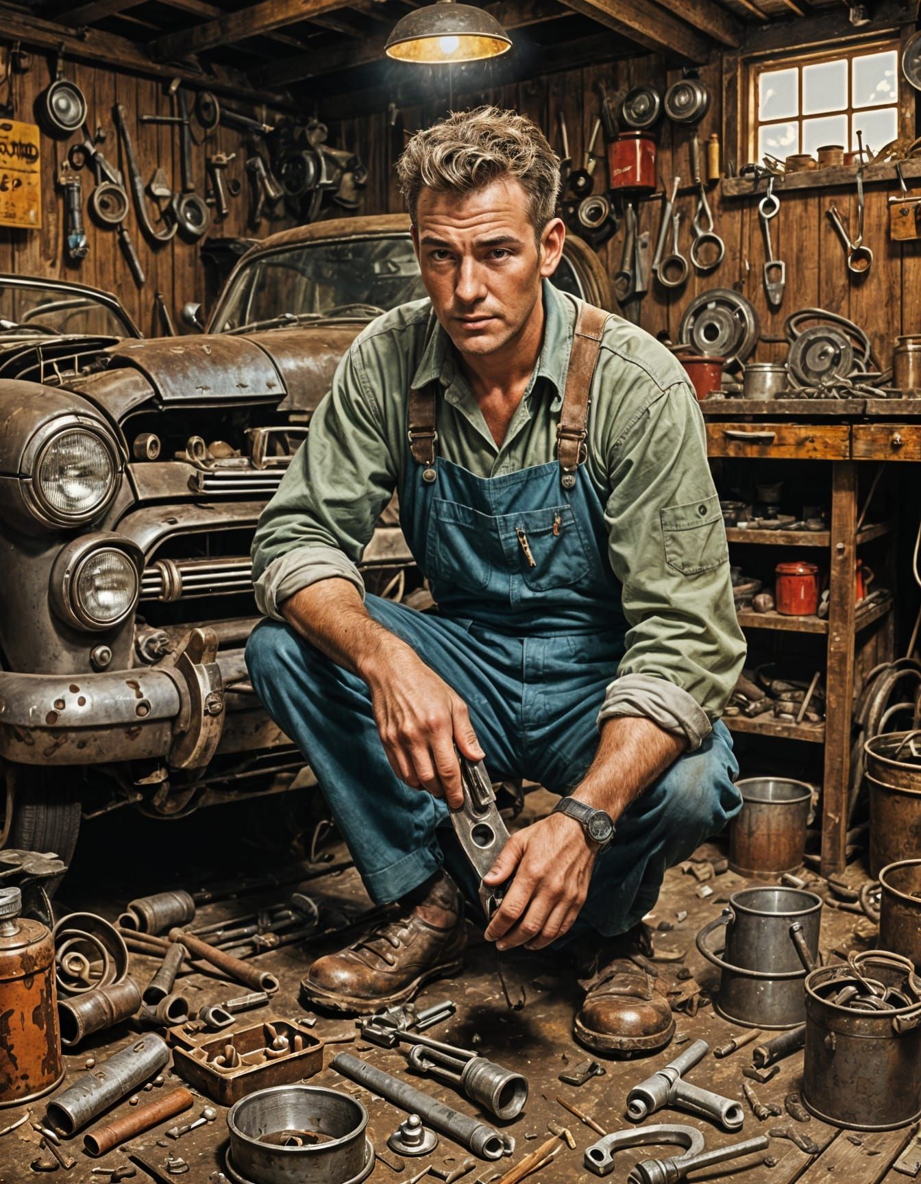 Vintage Garage Mechanic in Oil-Smeared Overalls