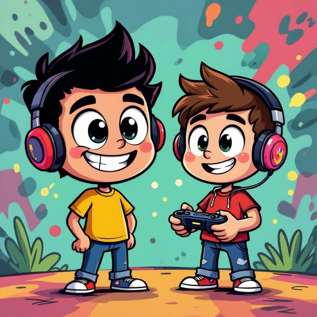 Playful Doodle Character Meets YouTuber Arkey in Neon Scene