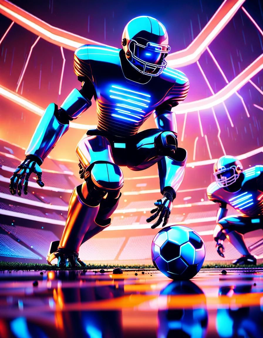 Futuristic Robot Football Player in Sci-Fi Stadium