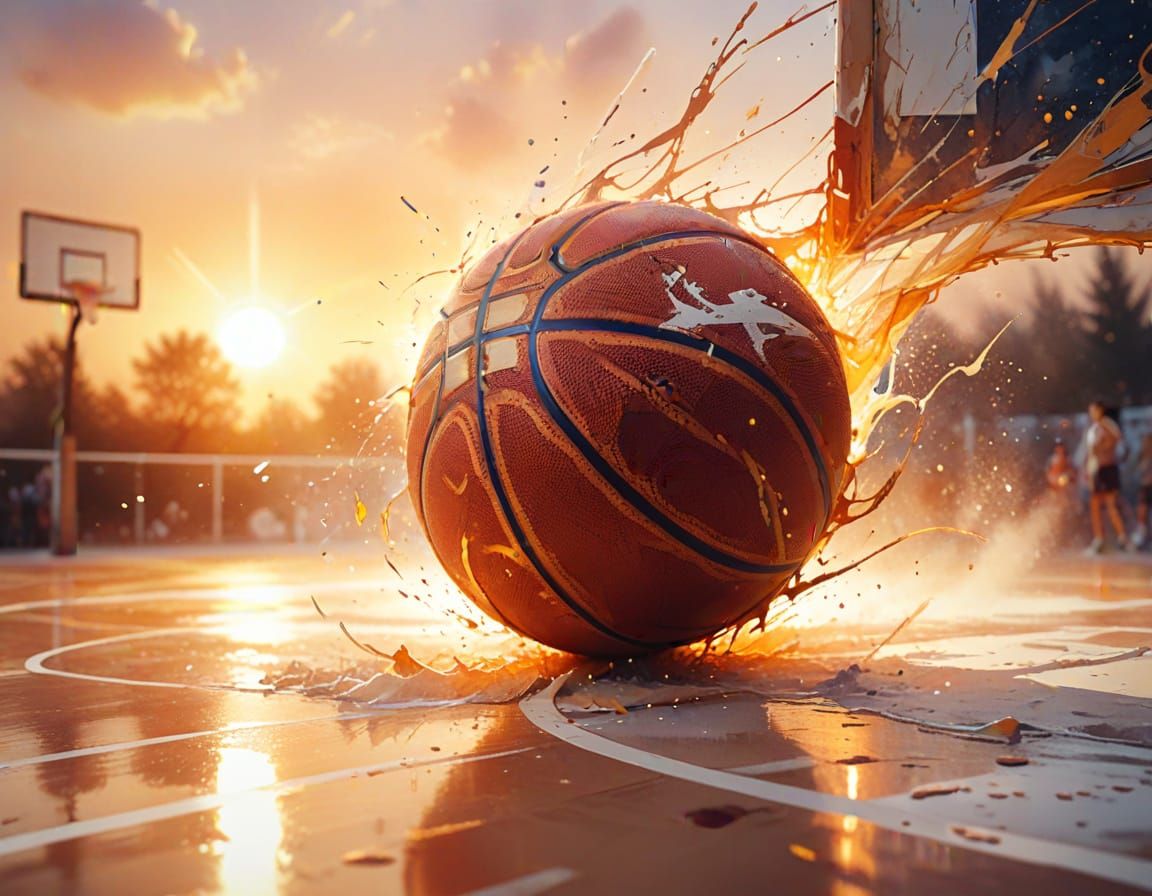 Basketball in Watercolor Sunset Scene