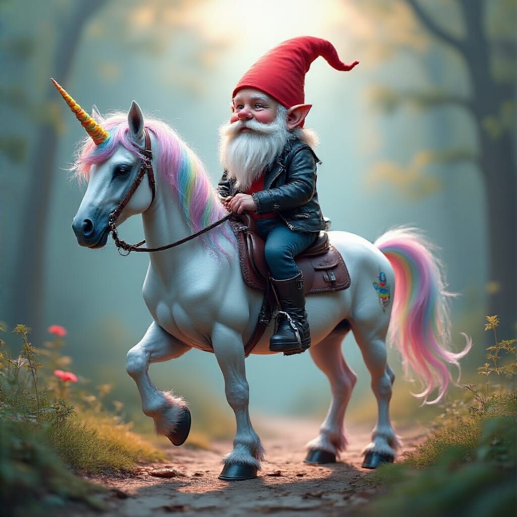 Gnome Rides Unicorn in Whimsical Digital Art