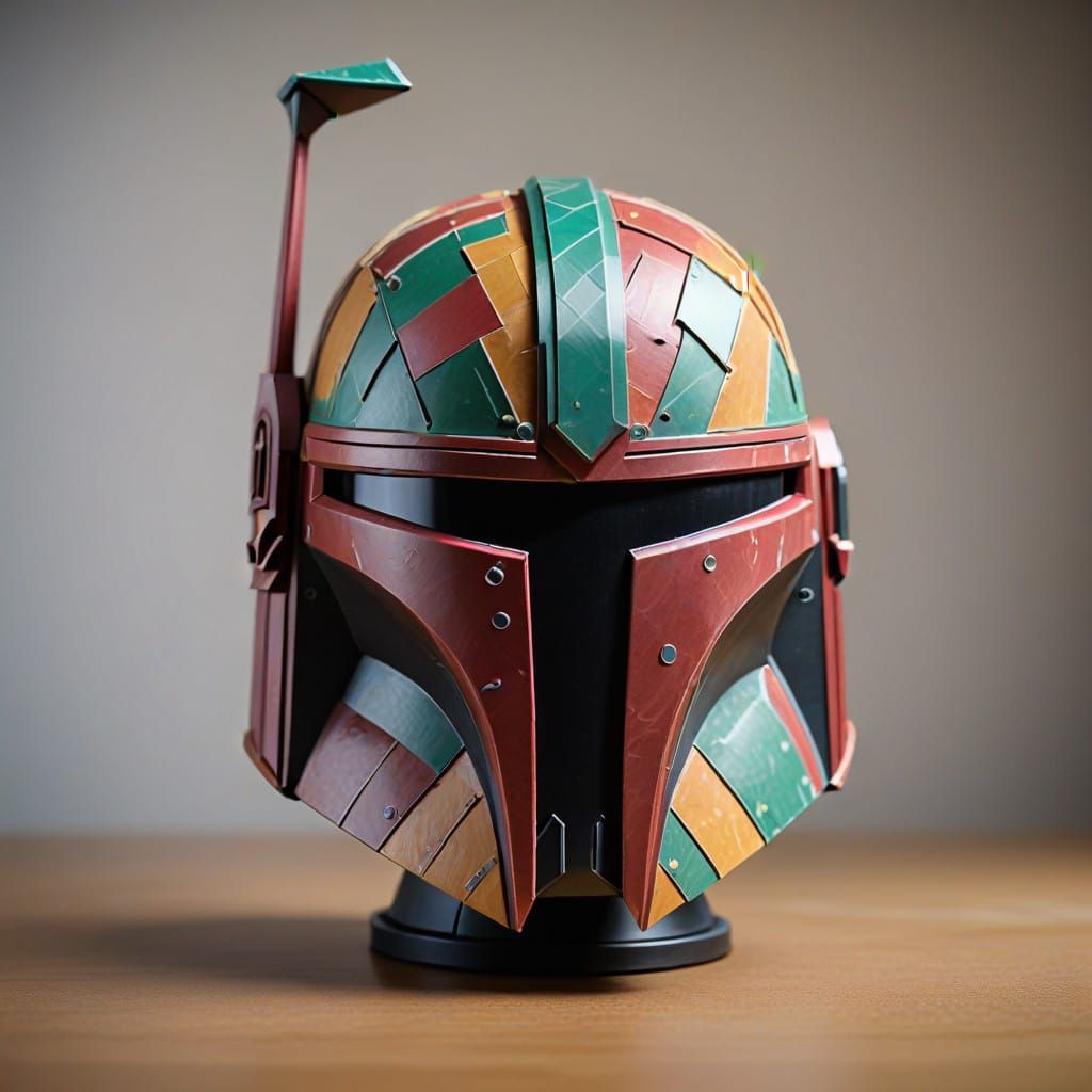 Intricately Crafted Mandalorian Helmet in Papercraft Style