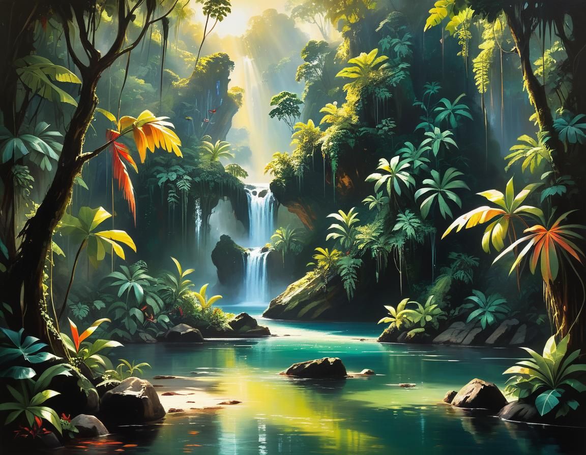 Tropical Lagoon Waterfalls: Impressionist Oil Painting