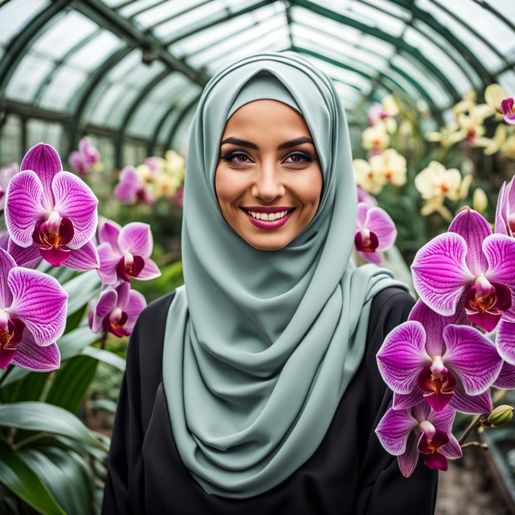 Turkish Woman with Orchids in Victorian Greenhouse