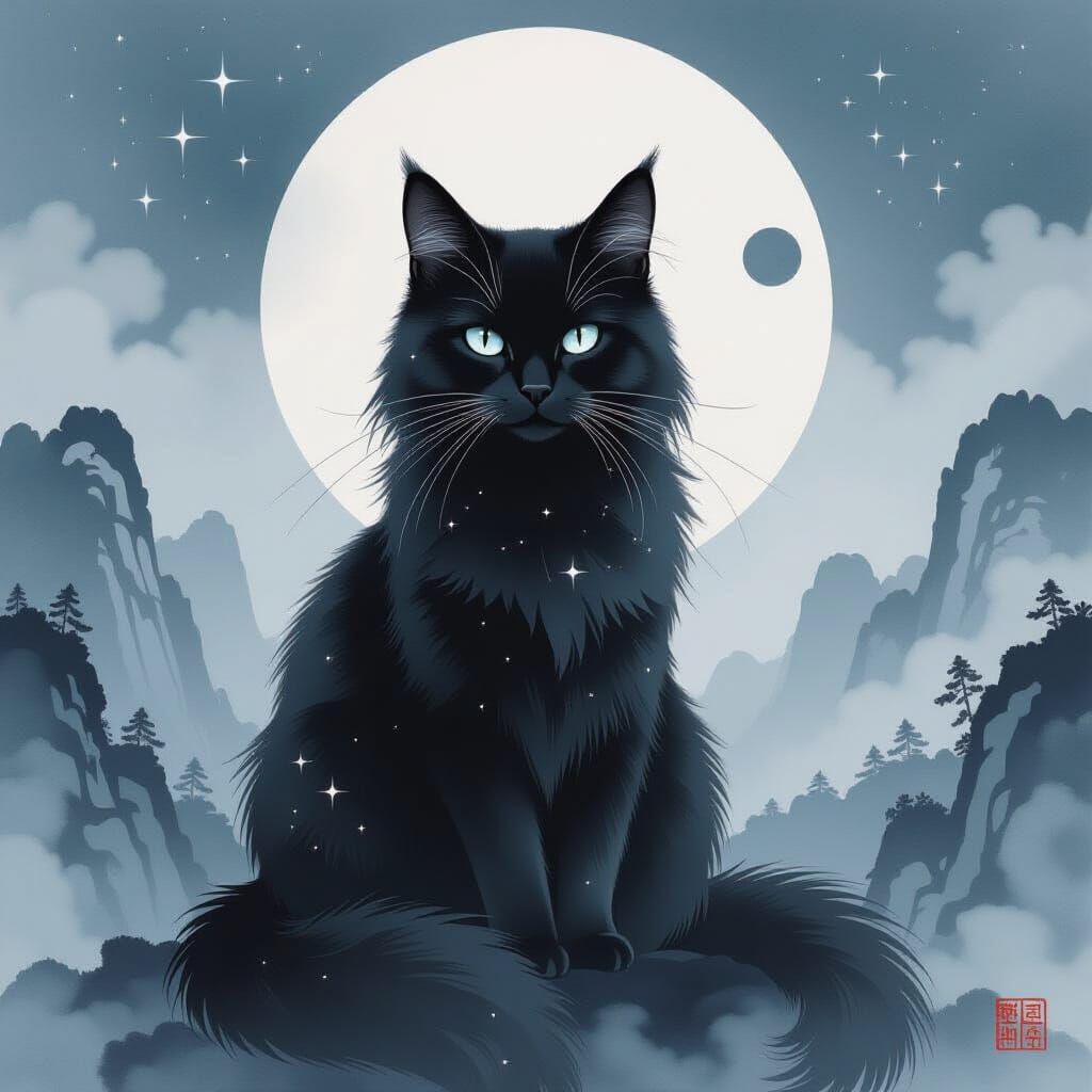 Black Cat Amidst Celestial Ink Patterns in Chinese Watercolo...