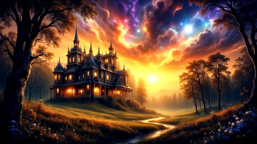 Dreamlike Manor House Silhouetted Against Nebula