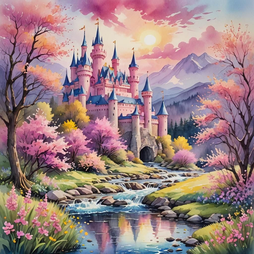 Pink Castle by Brook in Watercolor Painting