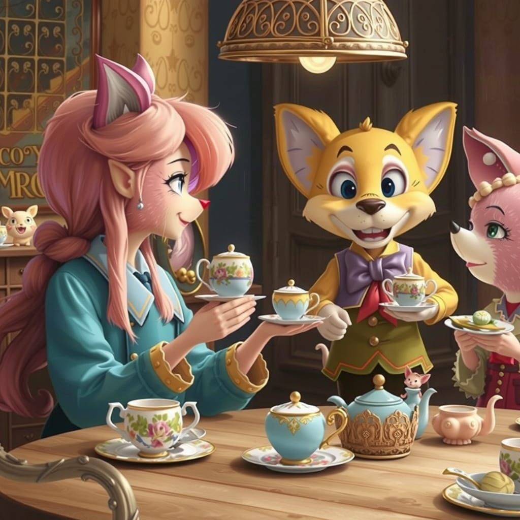 Cartoon Animals and Pinocchio Tea Party, Miyazaki Style