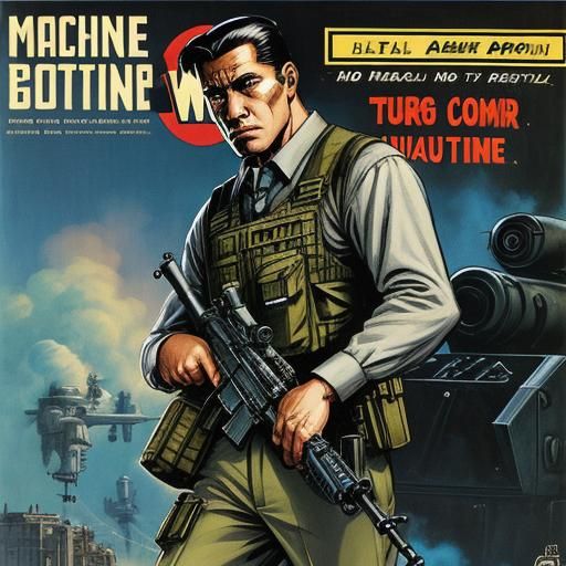 Man with Machine Gun Comic Book Art