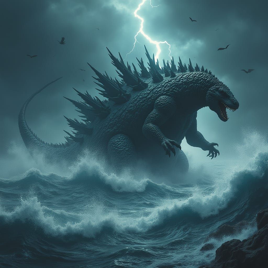 Godzilla Battles Megalodon in a Dark, Stormy Ocean