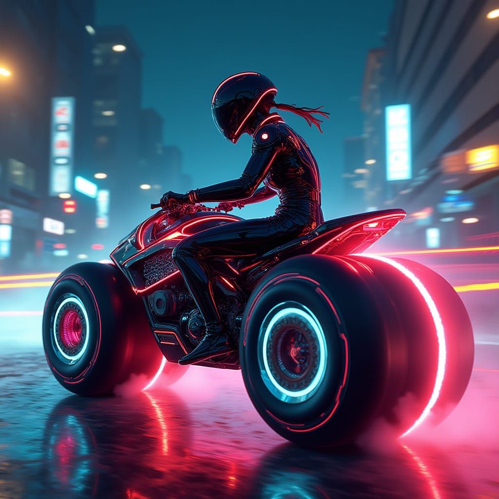 Tron-Inspired Woman Races Light Cycle in Neon City