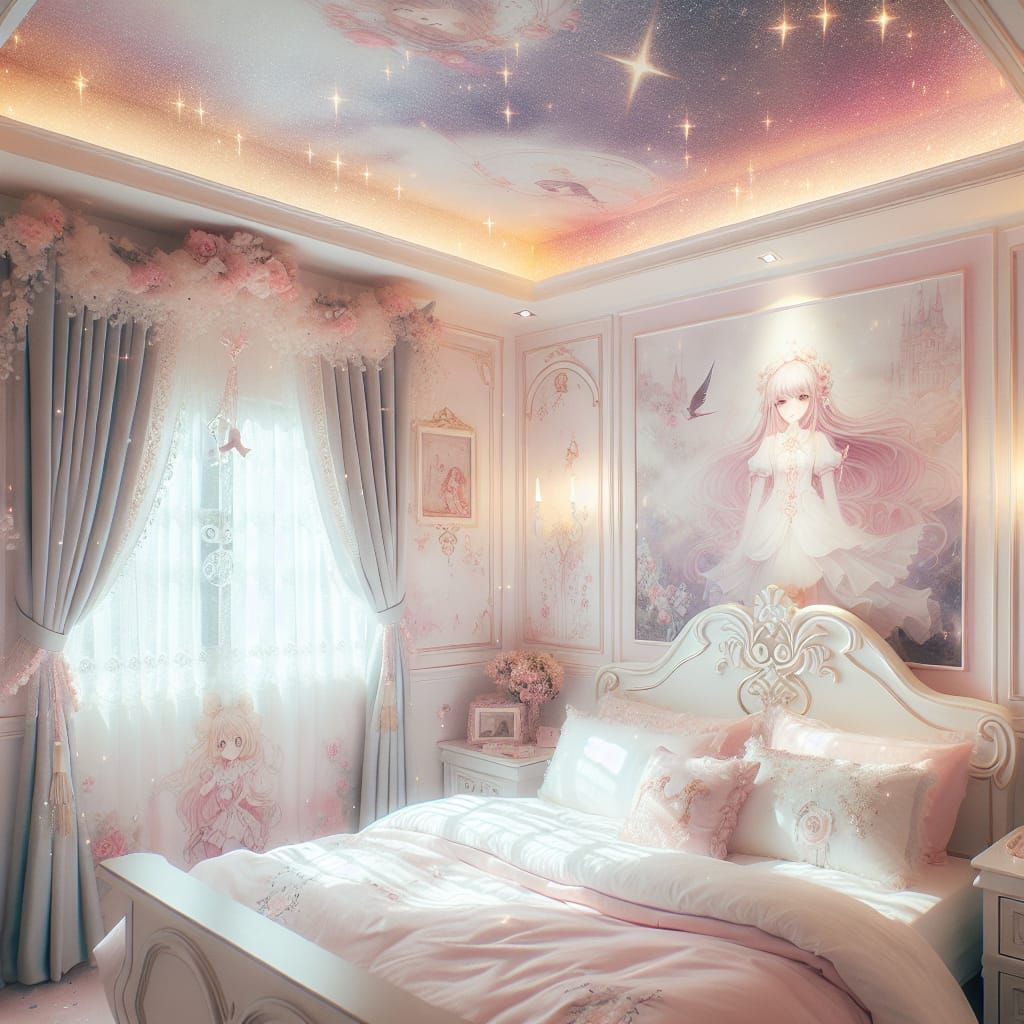 Anime Bedroom with Fantasy Illustrations and Glitter