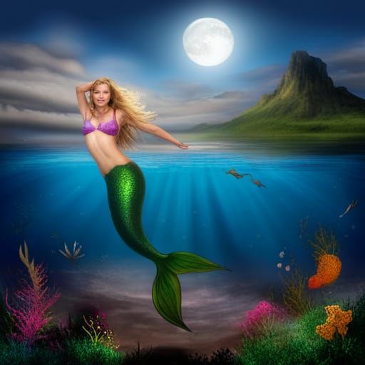 Fantasy Mermaid Swimming with Dolphin