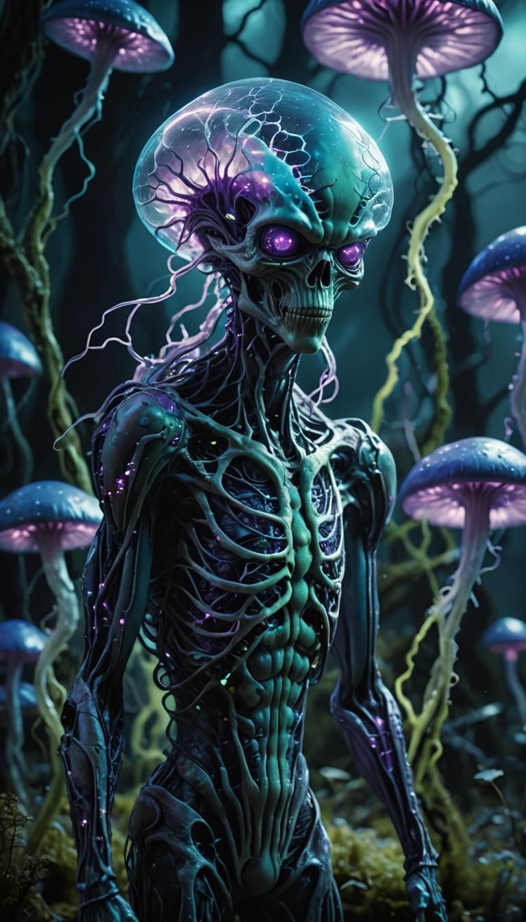 Unsettling Alien Being in a Bioluminescent World