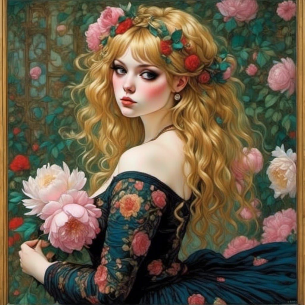 Peony Princess: Klimt and Botticelli Inspired Portrait