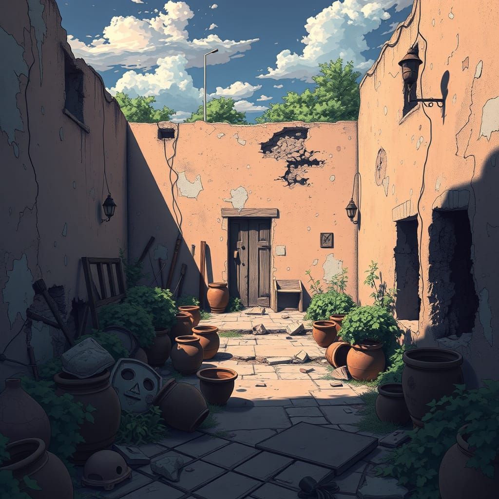 Eerie Deserted Garden in Vibrant Anime Style