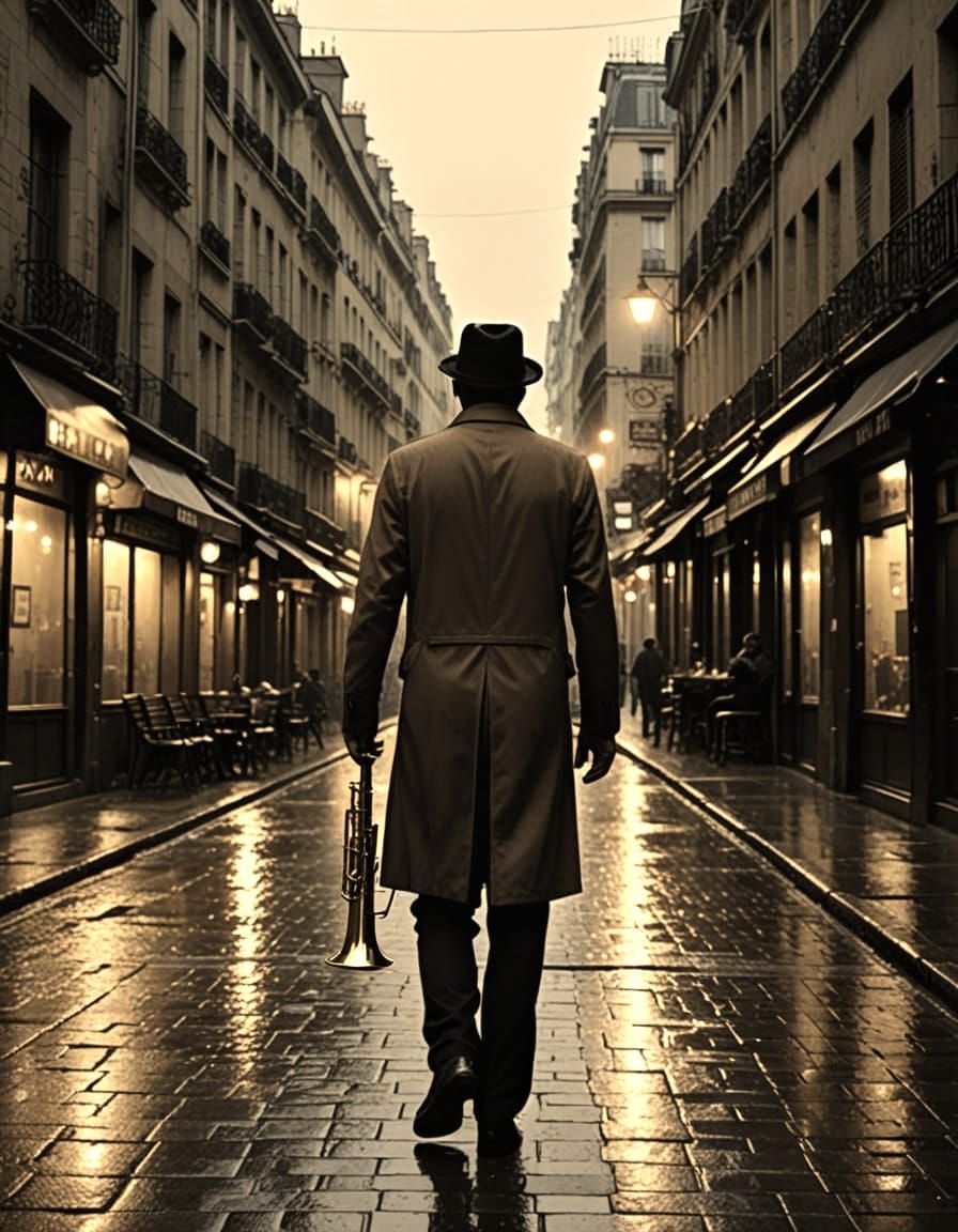 Jazz Trumpeter on Parisian Street at Dusk, Sepia Tone