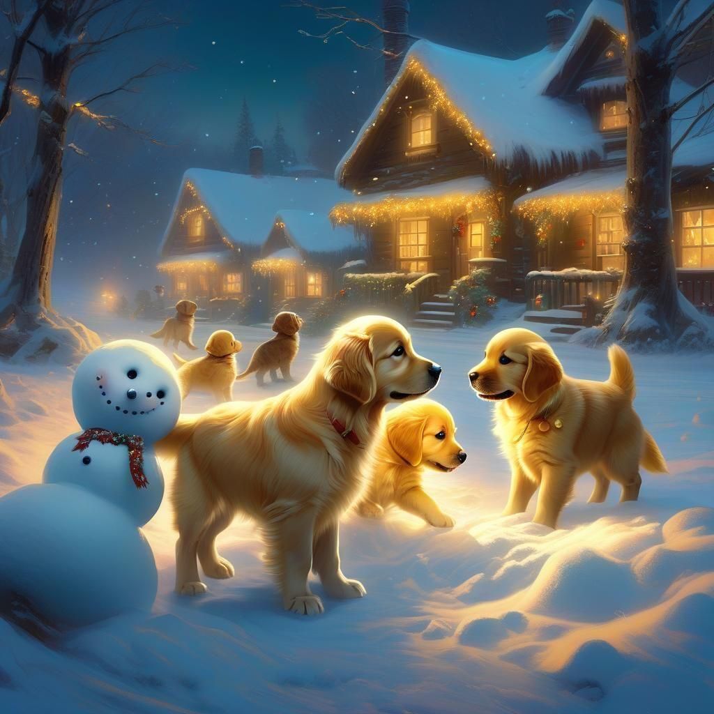 baby golden retriever puppies playing in the snow