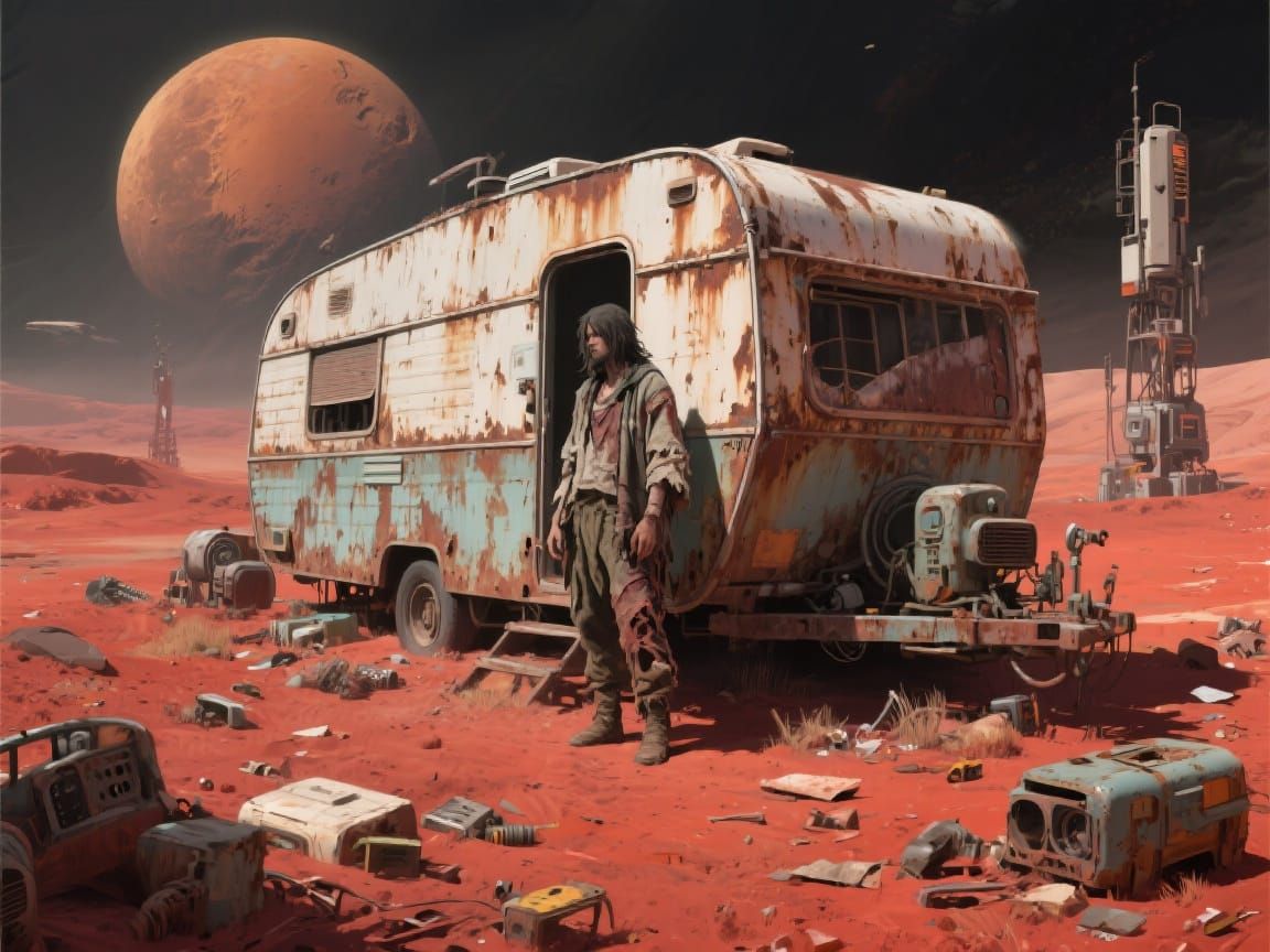 Dystopian Trailer on Mars in Retro-Futuristic Style