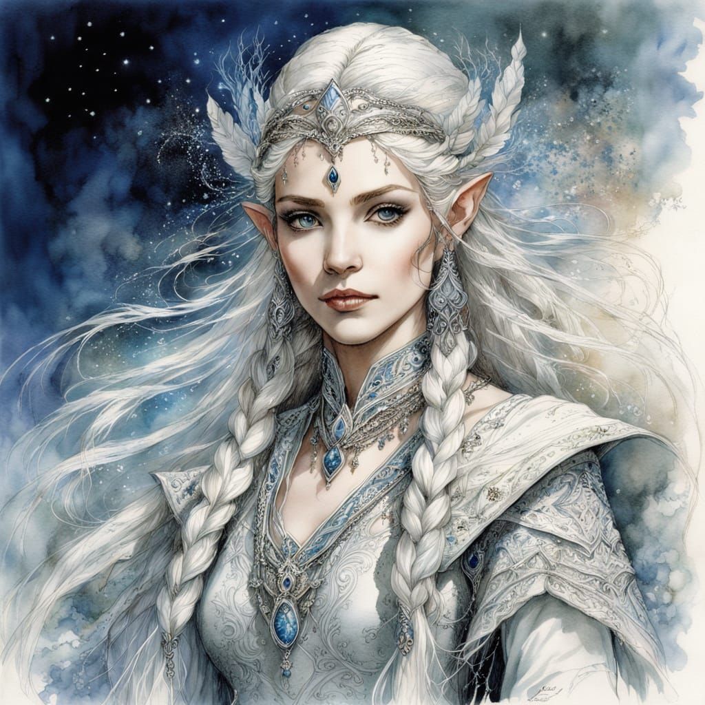 Majestic Elven Queen Portrait in Watercolor Style