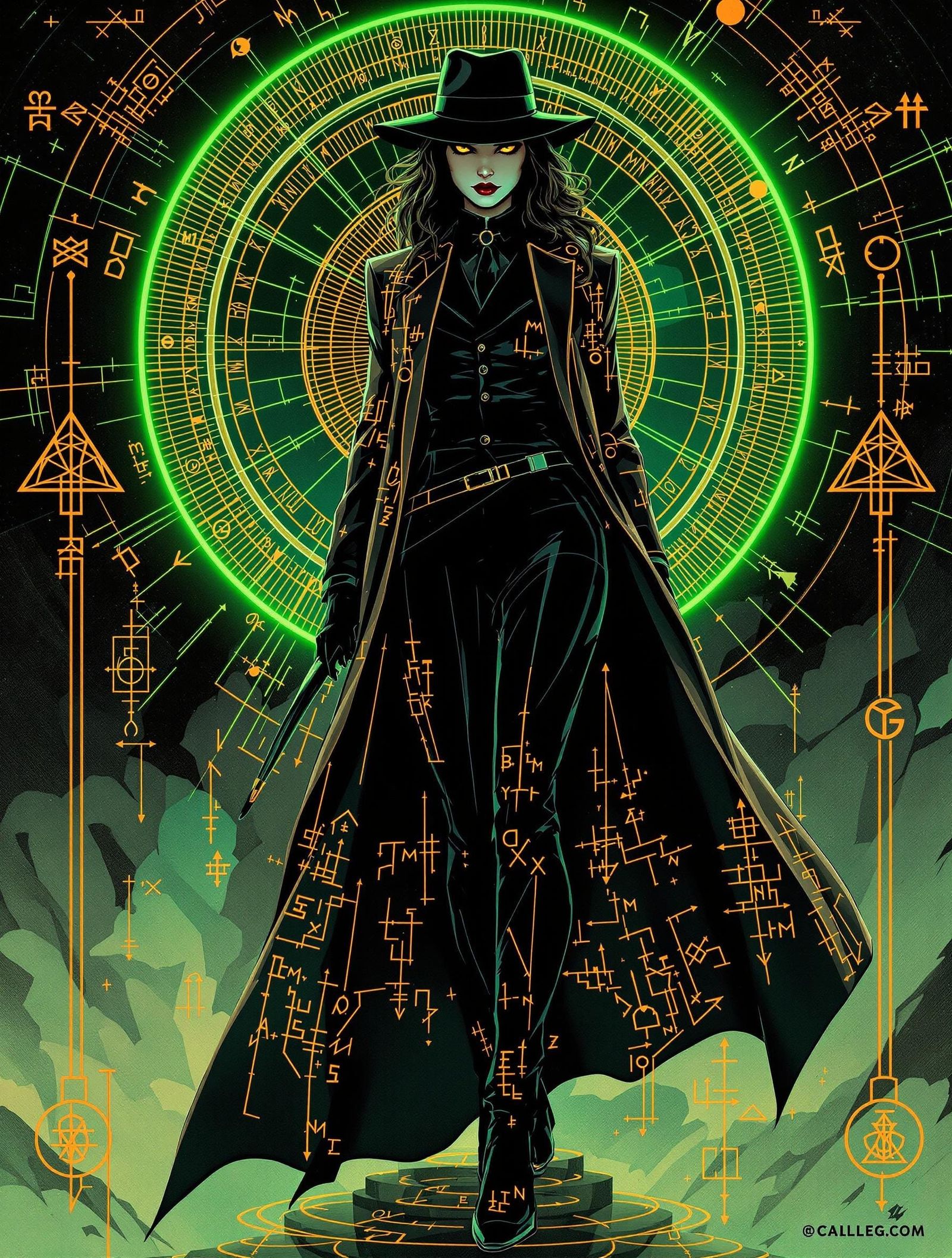 Occult detective tall noir-esque gumshoe woman, darkened demeanor, fedora, long coat and suit: masterpiece; Artgerm; yan...