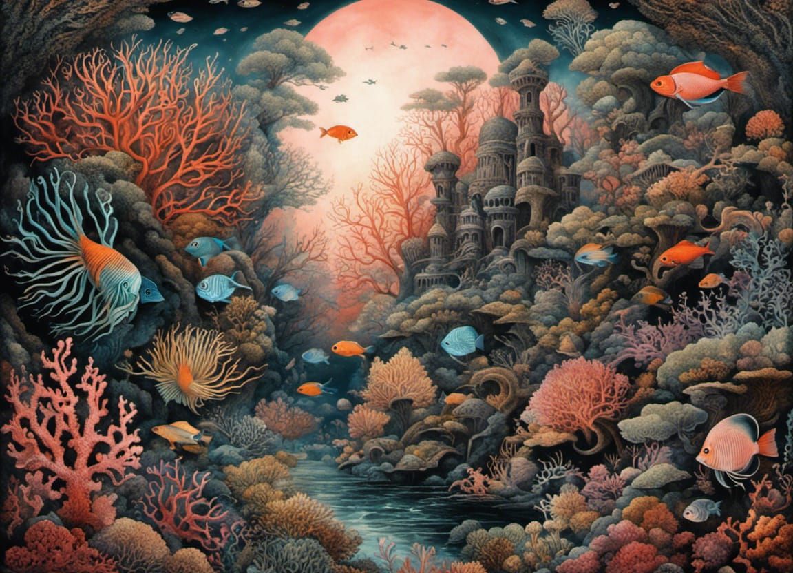 Whimsical Coral Reef Ink Drawing in Tonalism Style
