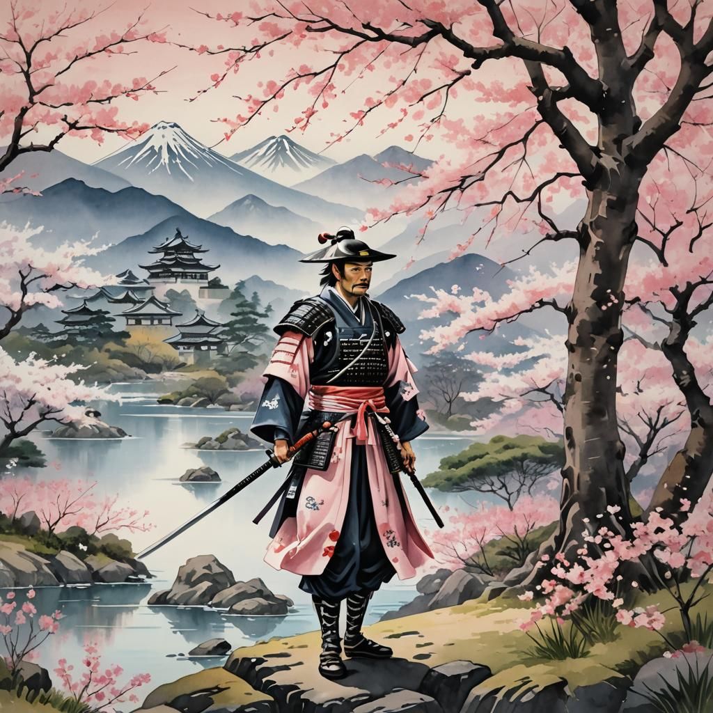 Samurai in Cherry Blossom Garden Ink Painting