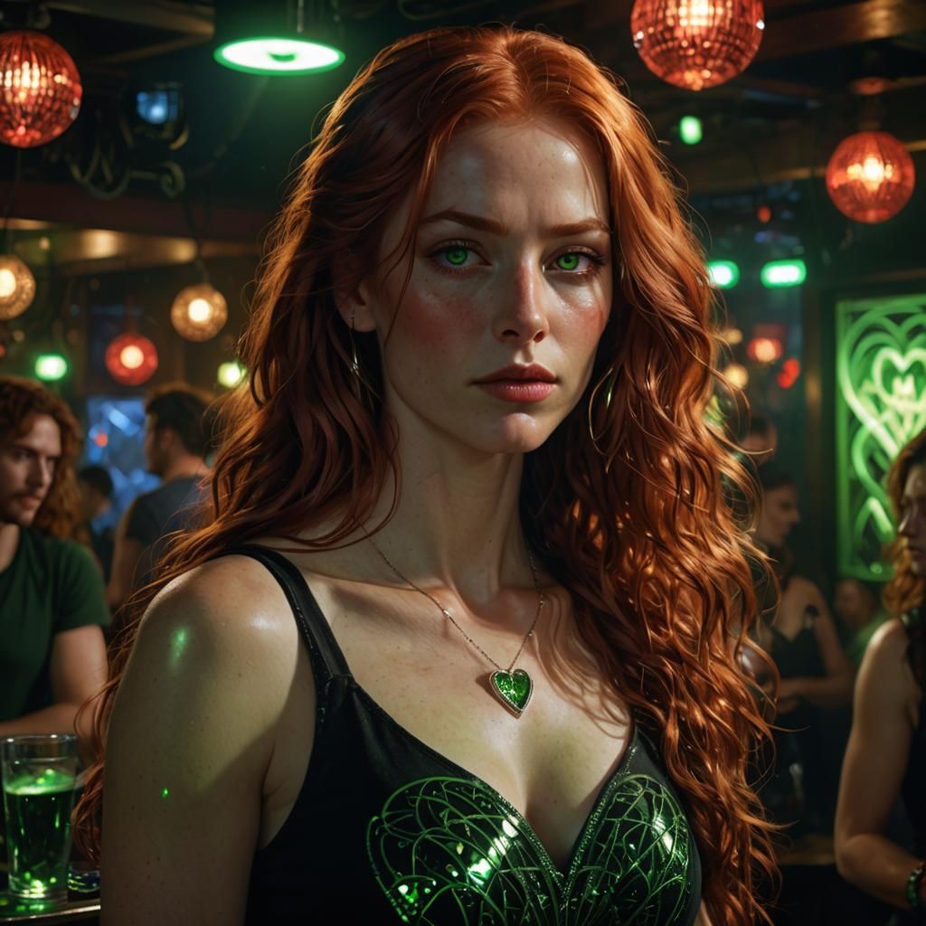 Emerald-Eyed Woman in Dim Nightclub, Digital Art